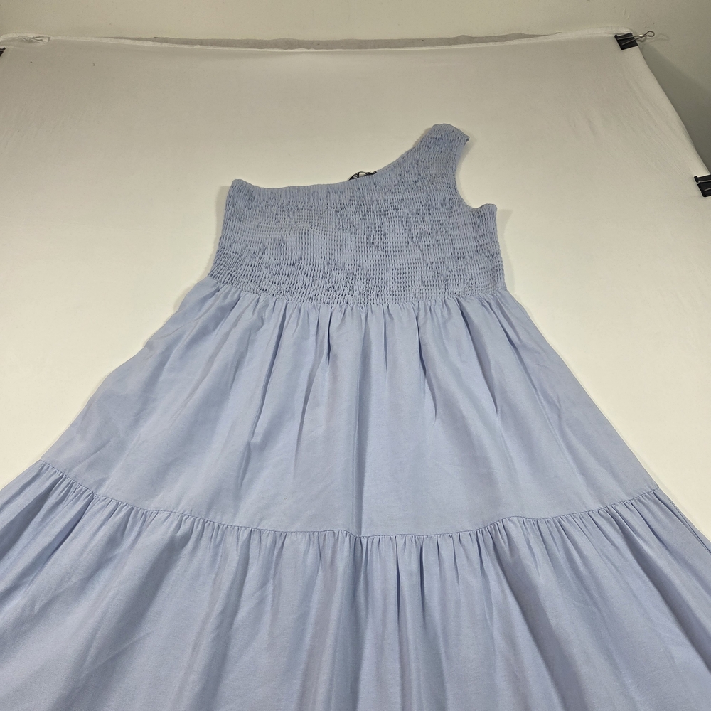 One Shoulder Smocked One-Shoulder Tiered Midi Dress Light Blue Feminine Summer - Picture 11 of 13